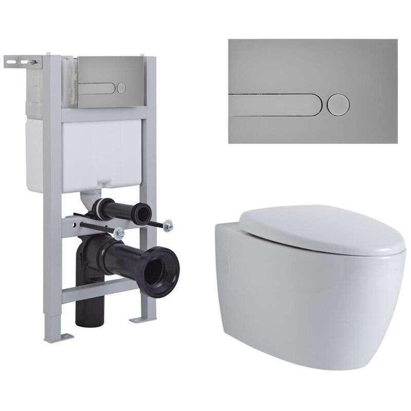 Altham - White Ceramic Modern Bathroom Wall Hung Round Rimless Toilet WC with Short Frame Cistern and Dot Satin Chrome Flush Plate - Milano