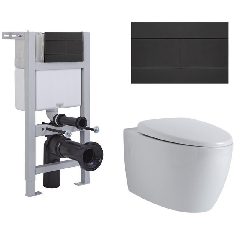 Milano - Altham - White Ceramic Modern Bathroom Wall Hung Round Rimless Toilet wc with Short Frame Cistern and Black Flush Plate