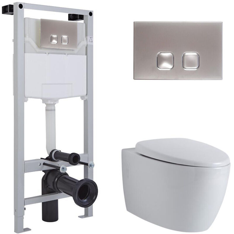 Milano Altham - White Ceramic Modern Bathroom Wall Hung Round Rimless Toilet WC with Tall Wall Frame Cistern and Square Chrome Flush Plate