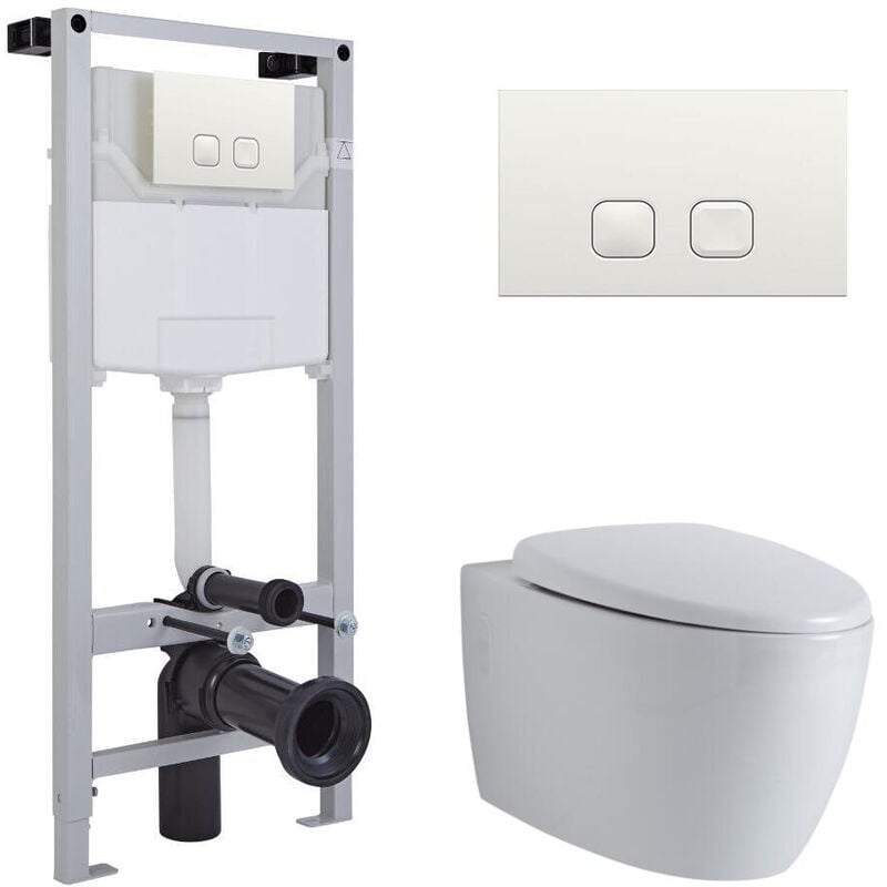 Milano Altham - White Ceramic Modern Bathroom Wall Hung Round Rimless Toilet WC with Tall Frame Cistern and Square White Flush Plate