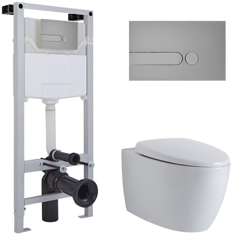 Milano - Altham - White Ceramic Modern Bathroom Wall Hung Round Rimless Toilet wc with Tall Frame Cistern and Dot Satin Chrome Flush Plate