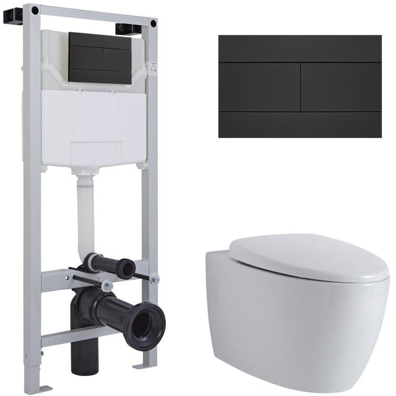 Milano Altham - White Ceramic Modern Bathroom Wall Hung Round Rimless Toilet WC with Tall Frame Cistern and Black Flush Plate