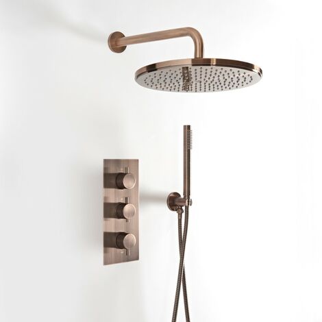 Milano Amara 2 Outlet Triple Thermostatic Mixer Shower Valve with Wall Mounted 300mm Round Rainfall Shower Head and Hand Shower Handset Kit - Aged Bronze