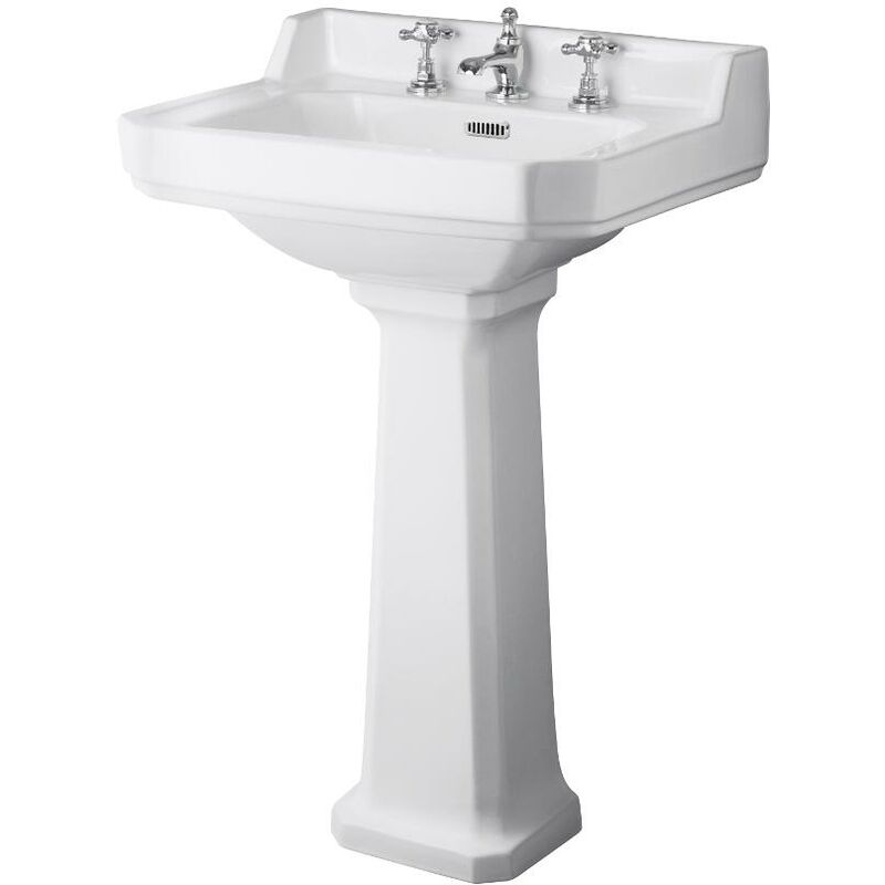 Richmond - Traditional White Ceramic Bathroom Basin Sink with Full Pedestal and Three Tap Holes - 560mm x 450mm - Milano