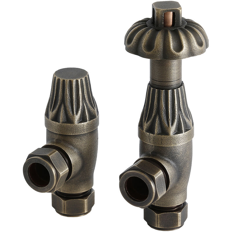 Milano Windsor - Traditional Antique Style Brass Angled Heated Towel Rail Radiator Thermostatic Valves - Pair