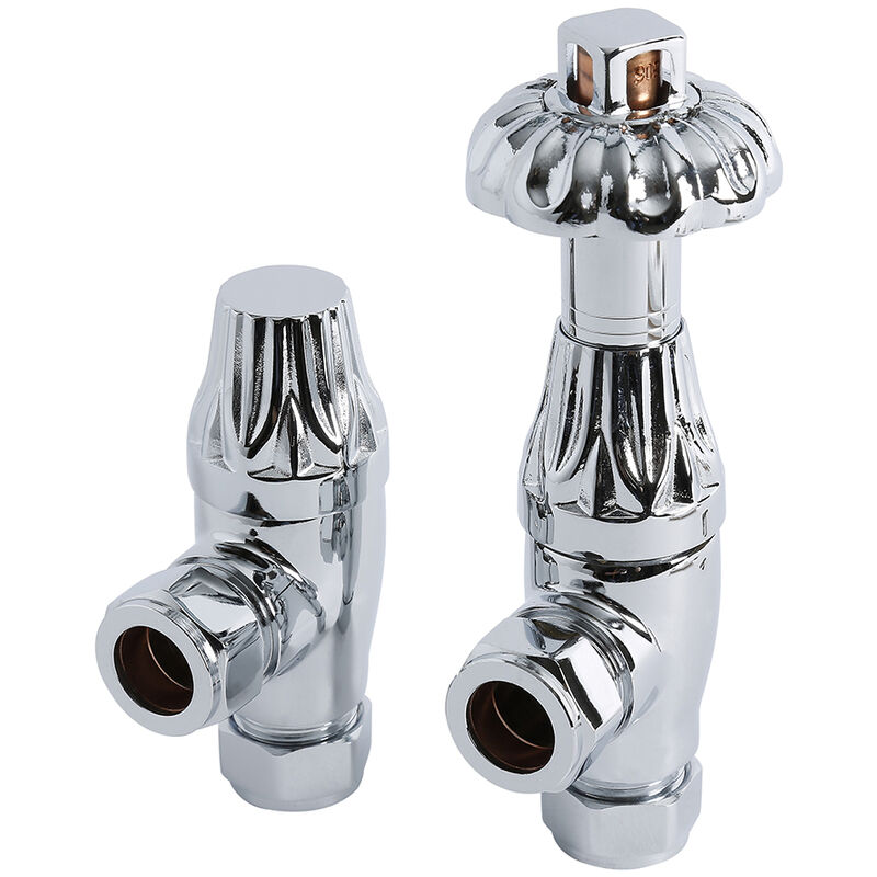 Windsor - Traditional Antique Style Chrome Angled Heated Towel Rail Radiator Thermostatic Valves - Pair - Milano