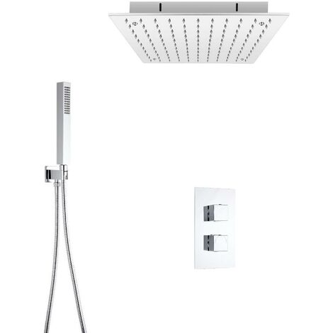 Milano Arvo - Modern 2 Outlet Twin Diverter Thermostatic Mixer Shower Valve with 400mm Ceiling Mounted Square Recessed Rainfall Shower Head and Hand Shower Handset Kit - Chrome