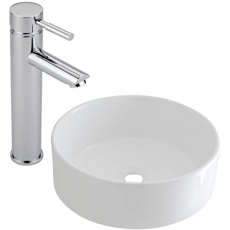 Milano Ballam - Modern White Ceramic 400mm Round Countertop Bathroom Basin Sink and High Rise Mono Basin Mixer Tap