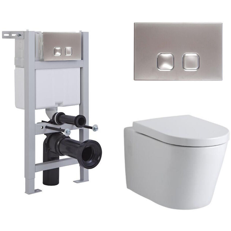 Milano Ballam - White Ceramic Modern Bathroom Wall Hung Round Toilet WC with Short Wall Frame, Dual Flush Cistern, Soft Close Seat and Square Chrome