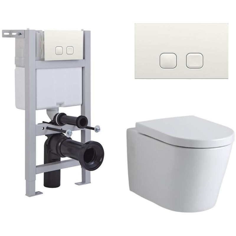 Milano Ballam - White Ceramic Modern Bathroom Wall Hung Round Toilet WC with Short Wall Frame, Dual Flush Cistern, Soft Close Seat and Square White
