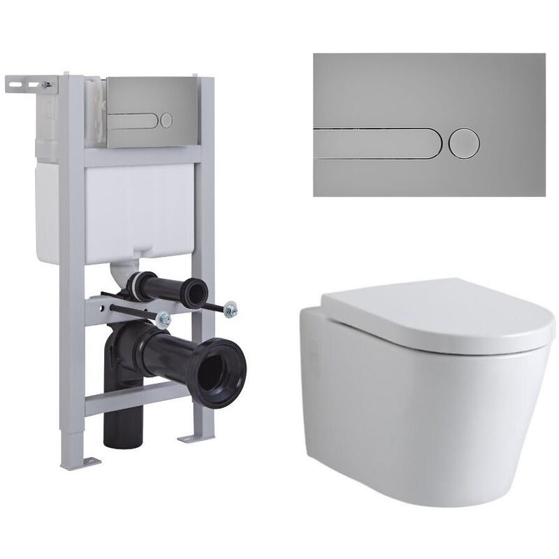 Milano Ballam - White Ceramic Modern Bathroom Wall Hung Round Toilet WC with Short Wall Frame, Dual Flush Cistern, Soft Close Seat and Dot Satin
