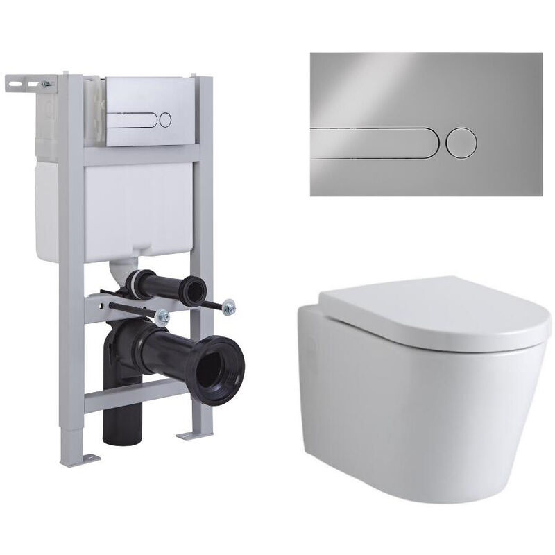 Ballam - White Ceramic Modern Bathroom Wall Hung Round Toilet WC with Short Wall Frame, Dual Flush Cistern, Soft Close Seat and Dot Chrome Flush