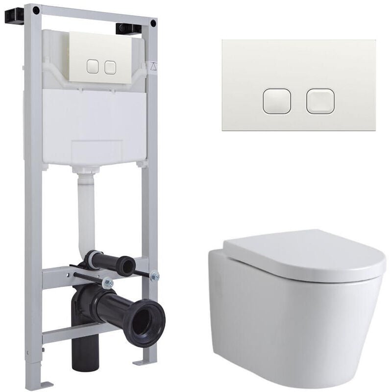 Milano Ballam - White Ceramic Modern Bathroom Wall Hung Round Toilet WC with Tall Wall Frame, Dual Flush Cistern, Soft Close Seat and Square White