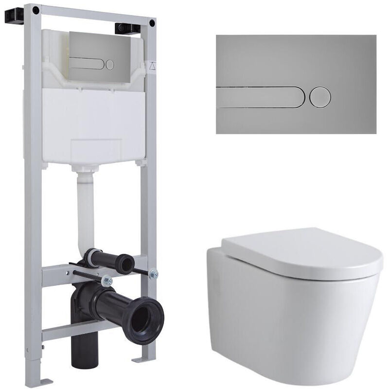 Milano Ballam - White Ceramic Modern Bathroom Wall Hung Round Toilet WC with Tall Wall Frame, Dual Flush Cistern, Soft Close Seat and Dot Satin