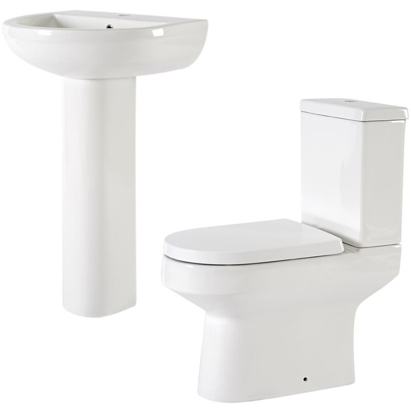 Ballam - White Modern Bathroom Ceramic Close Coupled Toilet WC and Full Pedestal Bathroom Basin Sink with One Tap Hole - Milano