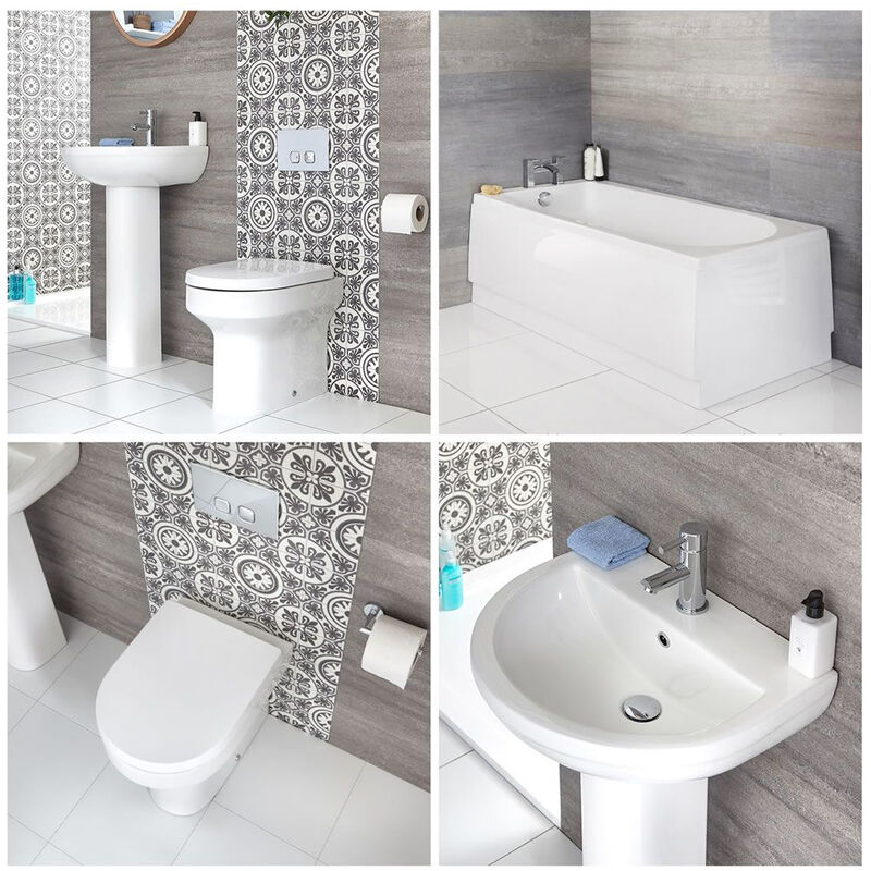 Milano Ballam - White Modern Bathroom Suite with Straight Bath, Back to Wall Toilet WC and Full Pedestal Basin Sink with One Tap-Hole