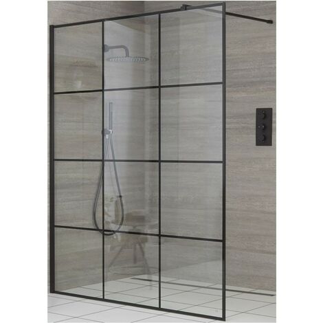 Milano Barq 700mm Black Recessed Walk In Wet Room Shower Enclosure with Grid Pattern Screen and Support Arm - 600mm Stainless Steel Tile Insert Drain