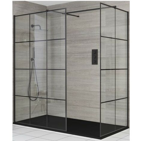 Milano Barq Black Corner Walk In Wet Room Shower Enclosure with Grid Pattern Screens  Support Arms and Graphite Slate Effect Tray - 1600mm x 800mm