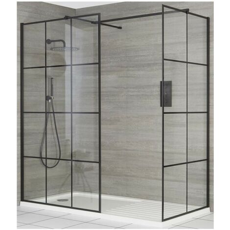 Milano Barq Black Corner Walk In Wet Room Shower Enclosure with Grid Pattern Screens  Support Arms and White Tray with Drying Area - 1400mm x 900mm