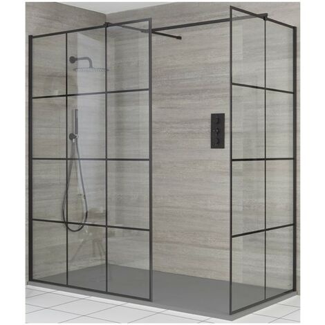 Milano Barq - Black Corner Walk In Wet Room Shower Enclosure with Grid Pattern Screens&44 Support Arms and Light Grey Slate Effect Tray - 1200mm x 900mm
