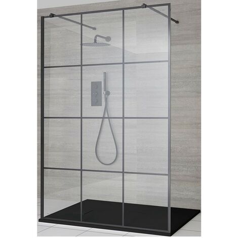 Milano Barq Black Floating Glass Walk In Wet Room Shower Enclosure with Grid Pattern Screen  Support Arms and Graphite Slate Effect Tray - 1200mm x 800mm