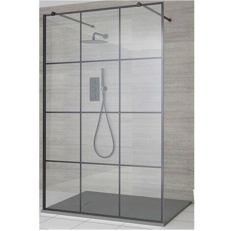 Milano Barq Black Floating Glass Walk In Wet Room Shower Enclosure with Grid Pattern Screen  Support Arms and Light Grey Slate Effect Tray - 900mm x 800mm
