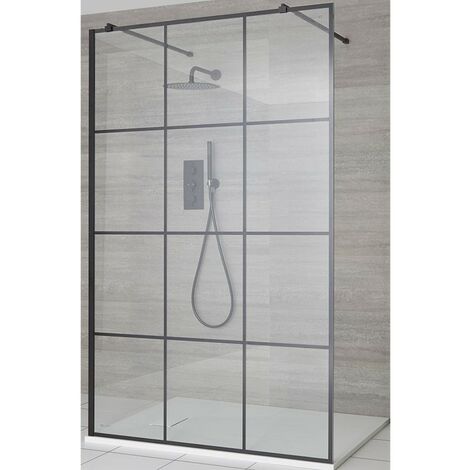 Milano Barq Black Floating Glass Walk In Wet Room Shower Enclosure with Grid Pattern Screen  Support Arms and White Slate Effect Tray - 1400mm x 900mm