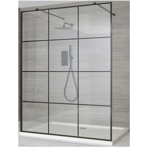 Milano Barq Black Floating Glass Walk In Wet Room Shower Enclosure with Grid Pattern Screen  Support Arms and White Tray - 1200mm x 760mm