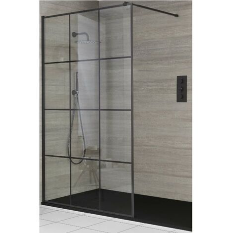 Milano Barq Black Recessed Walk In Wet Room Shower Enclosure with Grid Pattern Screen  Support Arm and Graphite Slate Effect Tray - 1100mm x 700mm