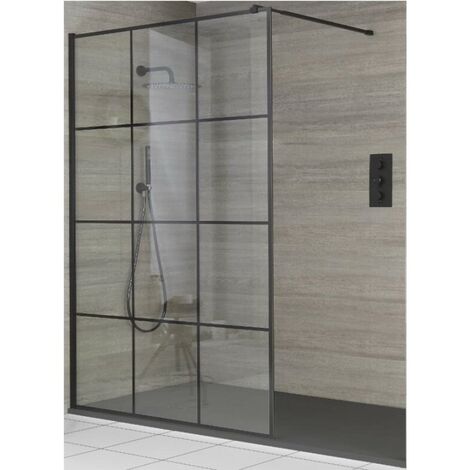 Milano Barq Black Recessed Walk In Wet Room Shower Enclosure with Grid Pattern Screen  Support Arm and Light Grey Slate Effect Tray - 1400mm x 800mm