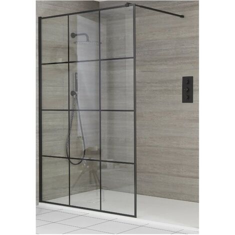 Milano Barq Black Recessed Walk In Wet Room Shower Enclosure with Grid Pattern Screen  Support Arm and White Slate Effect Tray - 1100mm x 700mm