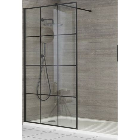Milano Barq Black Recessed Walk In Wet Room Shower Enclosure with Grid Pattern Screen  Support Arm and White Tray with Drying Area - 1600mm x 800mm
