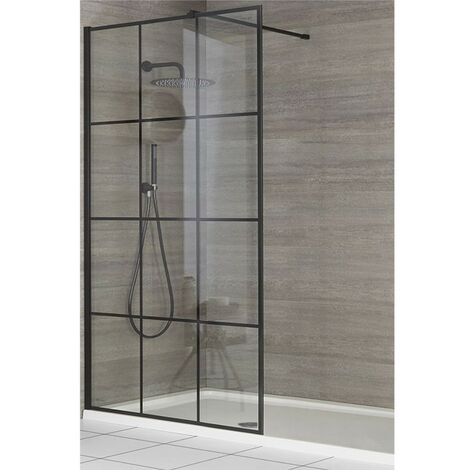 Milano Barq Recessed Walk In Wet Room Shower Enclosure with Black Grid Pattern Screen  Support Arm and White Tray - 1100mm x 900mm