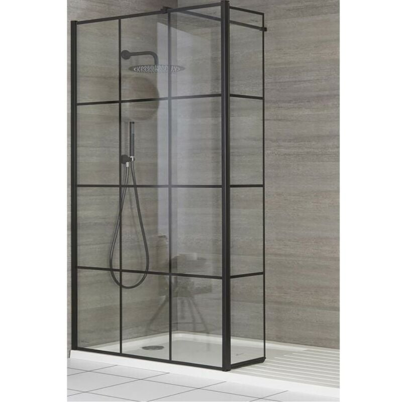 Barq Recessed Walk In Wet Room Shower Enclosure With Black Grid Pattern Screen&44 Hinged
