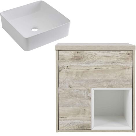 Milano Bexley Light Oak 600mm Wall Hung Bathroom Vanity Unit with Countertop Basin - Square Basin (With LED Lights)