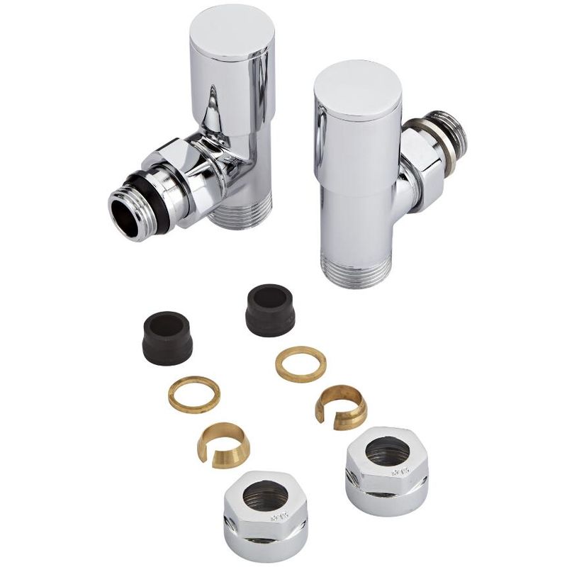 Milano – Modern Chrome Angled Heated Towel Rail Radiator Valves with 15mm Copper Adapters – Pair