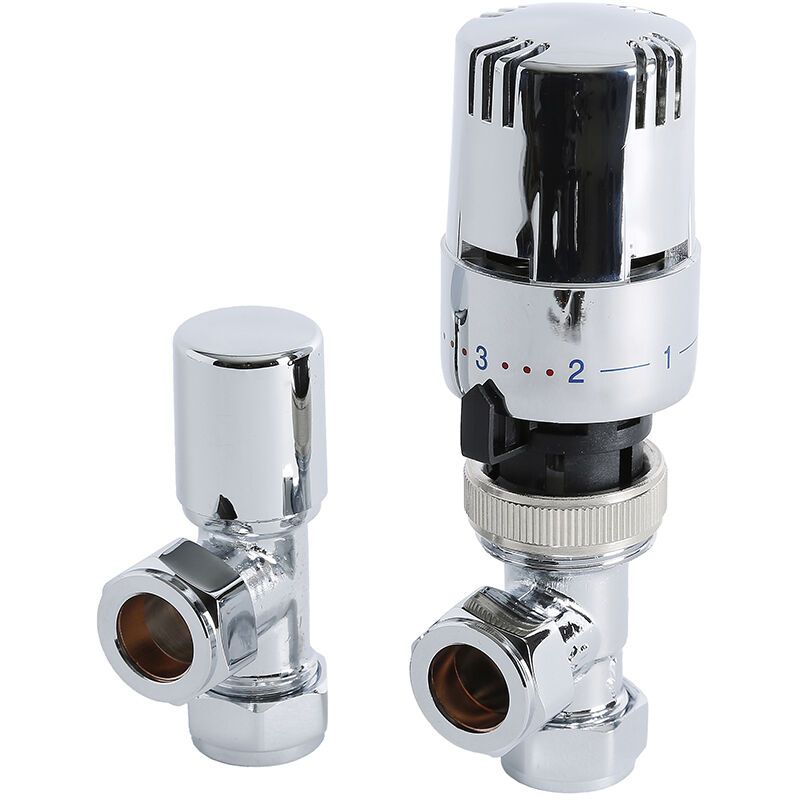 Chrome Thermostatic Control Angled Radiator Valves Central Heating (Pair) - Milano