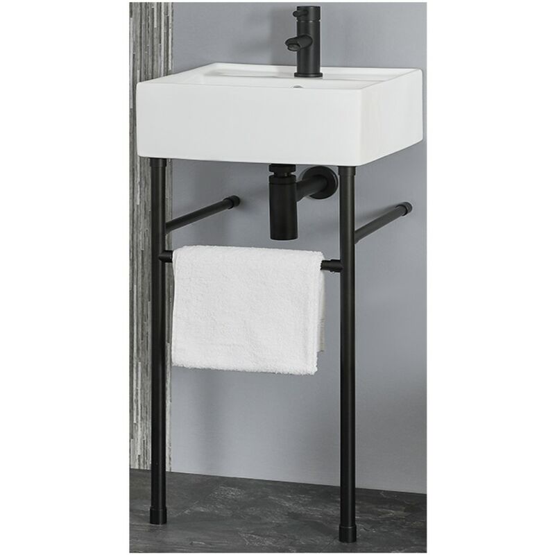 Dalton - Modern White Ceramic Square Bathroom Basin Sink with One Tap Hole and Black Washstand - 400mm x 400mm - Milano