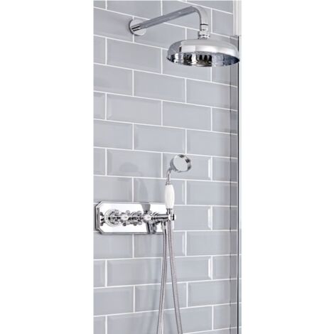 Milano Elizabeth 2 Outlet Twin Diverter Thermostatic Mixer Shower Valve with 200mm Rainfall Shower Head  Hand Shower and Hose - Chrome & White (Wall Mounted Head)
