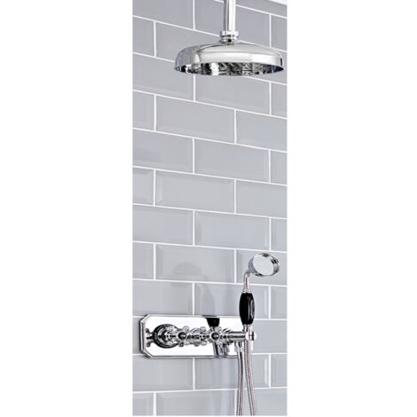 Milano Elizabeth 2 Outlet Twin Diverter Thermostatic Mixer Shower Valve with 300mm Rainfall Shower Head Hand Shower and Hose - Chrome & Black (Ceiling Mounted Head)
