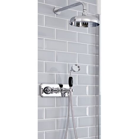 Milano Elizabeth 2 Outlet Twin Diverter Thermostatic Mixer Shower Valve with 300mm Rainfall Shower Head  Hand Shower and Hose - Chrome & Black (Wall Mounted Head)