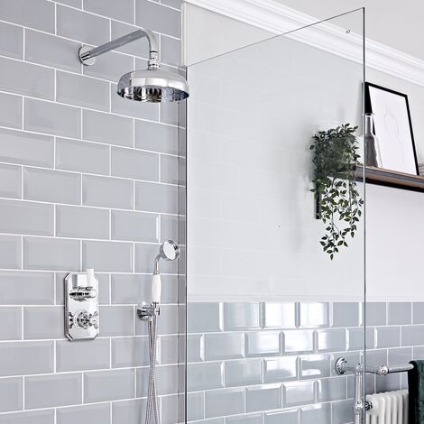 Milano Elizabeth 2 Outlet Twin Diverter Thermostatic Mixer Shower Valve with Hand Shower Handset and Round Rainfall Shower Head - Chrome & White