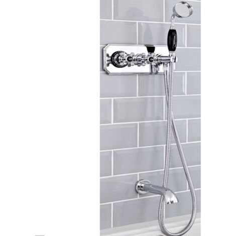 Milano Elizabeth 2 Outlet Twin Diverter Thermostatic Mixer Shower Valve with Wall Mounted Bath Spout  Hand Shower and Hose - Chrome & Black