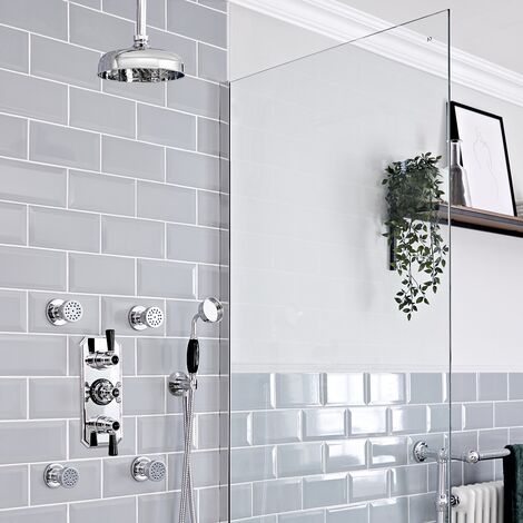 Milano Elizabeth 3 Outlet Triple Diverter Thermostatic Mixer Shower Valve with 205mm Round Rainfall Shower Head  Body Jets and Hand Shower Handset - Chrome & Black