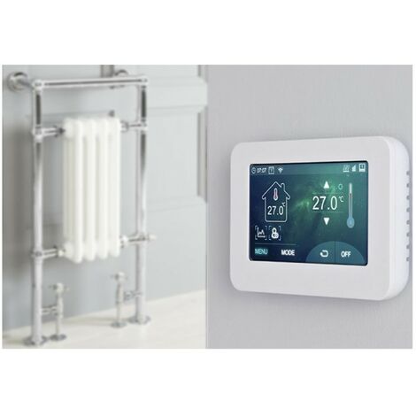 Milano Elizabeth 930mm x 450mm Floorstanding Chrome and White Dual Fuel Electric Heated Towel Rail Radiator with Angled Valves - With Touchscreen Wi-Fi Thermostat