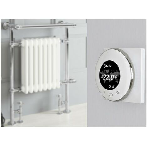 Milano Elizabeth 930mm x 620mm Floorstanding Chrome and White Dual Fuel Electric Heated Towel Rail Radiator with Overhanging Rail and Angled Valves - With Wi-Fi Thermostat & Cable Cover