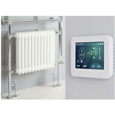 Milano Elizabeth 930mm x 790mm Floorstanding Chrome and White Dual Fuel Electric Heated Towel Rail Radiator with Angled Valves - With Touchscreen Wi-Fi Thermostat & Cable Cover