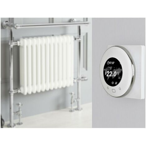 Milano Elizabeth 930mm x 790mm Floorstanding Chrome and White Dual Fuel Electric Heated Towel Rail Radiator with Overhanging Rail and Angled Valves - With Wi-Fi Thermostat & Cable Cover