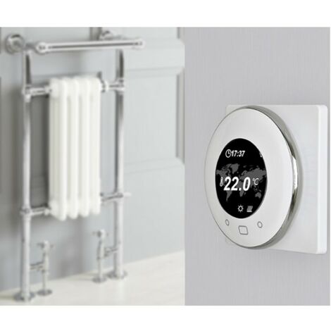 Milano Elizabeth - Traditional 930mm x 450mm Floorstanding Chrome and White Dual Fuel Electric Heated Towel Rail Radiator with Overhanging Rail and Angled Valves - With Wi-Fi Thermostat
