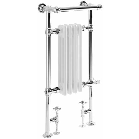 Milano Elizabeth - Traditional Floorstanding Chrome and White Dual Fuel Electric Heated Towel Rail Radiator with Overhanging Rail&#44; Cable Cover and Angled Valves - 930mm x 450mm